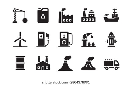 Industrial and energy vector icons featuring factory, oil barrel, wind turbine, and fuel truck for various industries.