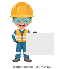 Industrial engineer dressed in reflective safety vest, blue coverall, helmet, safety glasses and gloves holding a banner with space for text for advertising, presentations, brochures. Safety first