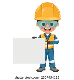Industrial engineer dressed in reflective safety vest, blue coverall, helmet, safety glasses and gloves holding a banner with space for text for advertising, presentations, brochures. Safety first