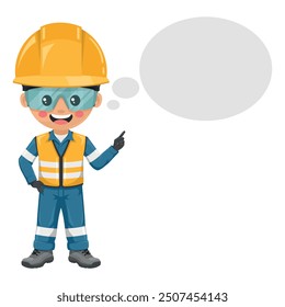 Industrial engineer dressed in reflective safety vest, blue coverall, helmet, safety glasses and gloves thinking with space for text for advertising, presentations, brochures. Safety first