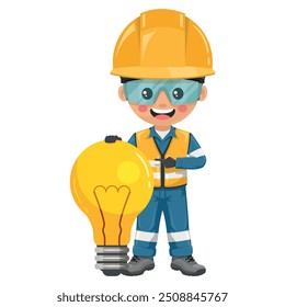 Industrieingenieur gekleidet in reflektierende Sicherheitsweste, blaue Abdeckung, Helm, Sicherheitsbrille und Handschuhe mit einer riesigen Glühbirne.Kreative Idee Symbol. Sicherheit und Gesundheitsschutz am Arbeitsplatz