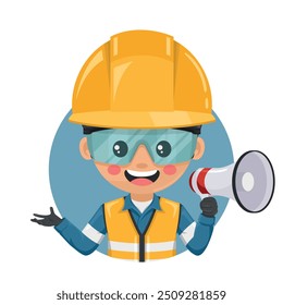 Industrial engineer dressed in reflective safety vest, blue coverall, helmet, safety glasses and gloves making an announcement with a megaphone. Industrial safety and occupational health at work