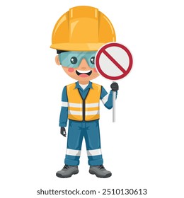 Engenheiro industrial vestido com colete de segurança reflexivo e capacete com sinal proibido. Engenheiro com seu equipamento de proteção pessoal. Segurança primeiro. Segurança industrial e saúde no trabalho
