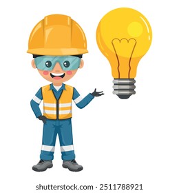 Industrial engineer dressed in reflective safety vest, blue coverall, helmet, safety glasses and gloves with a giant light bulb.Creative idea symbol. Industrial safety and occupational health at work
