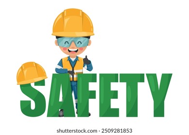 Industrial Engineer with giant safety letters. Engineer with his PPE with reflective safety vest, blue coverall, helmet, safety glasses and gloves. Industrial safety and occupational health