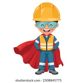 Industrial engineer hero wearing his superhero cape. Supervisor engineer with his coverall and personal protective equipment. Safety first. Industrial safety and occupational health at work