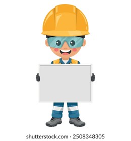 Industrial engineer with his personal protective equipment holding a whiteboard with space for text for advertising, presentations, brochures. Industrial safety and occupational health at work