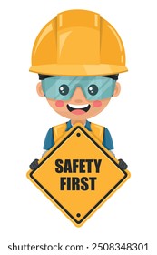 Industrial Engineer holding safety first sign. Engineer with his PPE with reflective safety vest, blue coverall, helmet, safety glasses and gloves. Industrial safety and occupational health