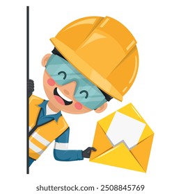 Industrial engineer peeking out from behind a wall with open letter envelope for email. Concept of communication, notification and contact. Industrial safety and occupational health at work