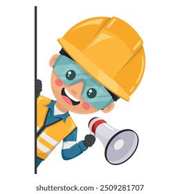 Industrial engineer peeking out from behind a wall making an announcement with a megaphone. Concept of communication, notification and contact. Industrial safety and occupational health at work