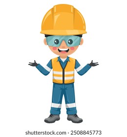 Industrial engineer with reflective safety vest and helmet with open hands. Supervisor engineer with his coverall and personal protective equipment. Industrial safety and occupational health at work