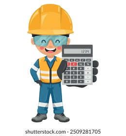 Industrial engineer with reflective safety vest and helmet with a calculator in hand for financial analysis, accounting and budget calculation. Safety first. Industrial safety and occupational health