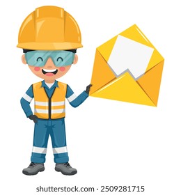 Industrial engineer with reflective safety vest, coverall and helmet with letter envelope for email. Concept of communication, notification and contact. Industrial safety and occupational health