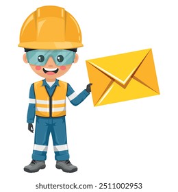 Industrial engineer with reflective safety vest, coverall and helmet with letter envelope for email. Concept of communication, notification and contact. Industrial safety and occupational health