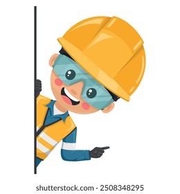 Industrial engineer with reflective vest peeking out from behind a wall pointing finger. Express an idea and indicate it with the index finger. Industrial safety and occupational health at work