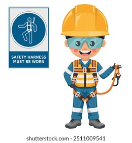 Industrial Engineer with safety harness mandatory use warning sign. Safety harness must be worn. Safety first. Working at height and fall protection. Industrial safety and occupational health