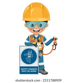 Industrial Engineer with safety harness mandatory use warning sign. Safety harness must be worn. Safety first. Working at height and fall protection. Industrial safety and occupational health