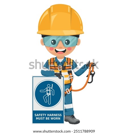 Industrial Engineer with safety harness mandatory use warning sign. Safety harness must be worn. Safety first. Working at height and fall protection. Industrial safety and occupational health