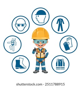 Industrial Engineer  with safety harness and personal protective equipment for working at height and preventing falls. Safety icons. Safety first. Industrial safety and occupational health