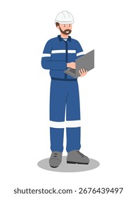 Ingeniero de Industrial en uniforme de seguridad usando computadora portátil, ilustración de trabajador de mantenimiento y construcción para la industria