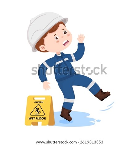 Industrial engineer slipping on wet floor with caution sign, accident at workplace, safety risk awareness cartoon illustration isolated on white background.