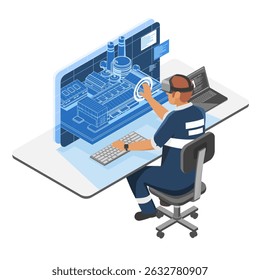 Industrial engineer using augmented reality and digital twin interface to operate and monitor smart factory equipment in a modern control room setting