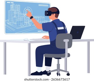 Industrial engineer using augmented reality and digital twin interface to operate and monitor smart factory equipment in a modern control room setting
