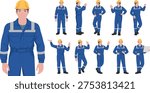 Industrial engineer worker character set wearing safety helmet and blue uniform showing different gestures for construction, factory and manufacturing industry