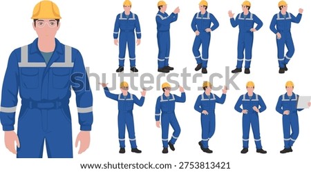 Industrial engineer worker character set wearing safety helmet and blue uniform showing different gestures for construction, factory and manufacturing industry