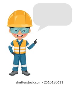 Industrial engineer worker with his personal protective equipment with dialog box vignette with copy space for text for advertising, brochures. Industrial safety and occupational health at work