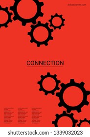 Industrial engineering background. Black cogs on red. Vector minimal flat page. Graphic template. Wheels and cogs colorful gear print. Industrial engineering background design.