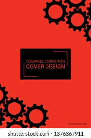 Industrial engineering background. Black cogs on red. Wheels and cogs colorful gear booklet. Vector minimal flat page. Graphic template. Industrial engineering background design.