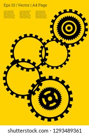 Industrial engineering background. Black gears on gold. Wheels and cogs colorful gear journal. Vector minimal flat page. Graphic template. Industrial engineering background design.