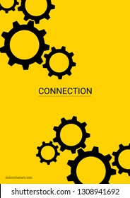 Industrial engineering background. Black gears on gold. Vector minimal flat page. Graphic template. Wheels and cogs colorful gear poster. Industrial engineering background design.