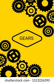 Industrial engineering background. Black gears on gold. Vector minimal flat page. Graphic template. Wheels and cogs colorful gear layout. Industrial engineering background design.