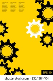 Industrial engineering background. Black gears on gold. Wheels and cogs colorful gear flyer. Vector minimal flat page. Graphic template. Industrial engineering background design.