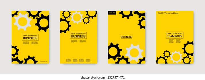 Industrial engineering background. Black gears on gold. Vector minimal flat set. Graphic template. Wheels and cogs colorful gear brochure. Industrial engineering background design.
