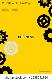 Industrial engineering background. Black gears on gold. Wheels and cogs colorful gear journal. Vector minimal flat page. Graphic template. Industrial engineering background design.