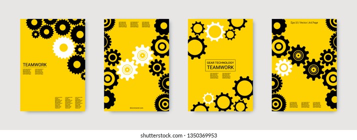 Industrial engineering background. Black gears on gold. Vector minimal flat set. Graphic template. Wheels and cogs colorful gear placard. Industrial engineering background design.