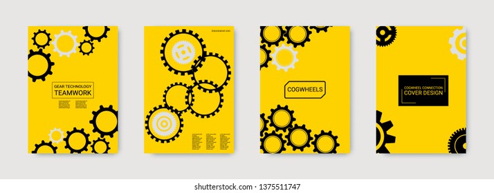 Industrial engineering background. Black gears on gold. Vector minimal flat set. Graphic template. Wheels and cogs colorful gear book. Industrial engineering background design.