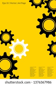 Industrial engineering background. Black gears on gold. Vector minimal flat page. Graphic template. Wheels and cogs colorful gear notebook. Industrial engineering background design.
