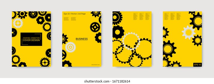 Industrial engineering background. Black gears on gold. Wheels and cogs colorful gear booklet. Vector minimal flat set. Graphic template. Industrial engineering background design.