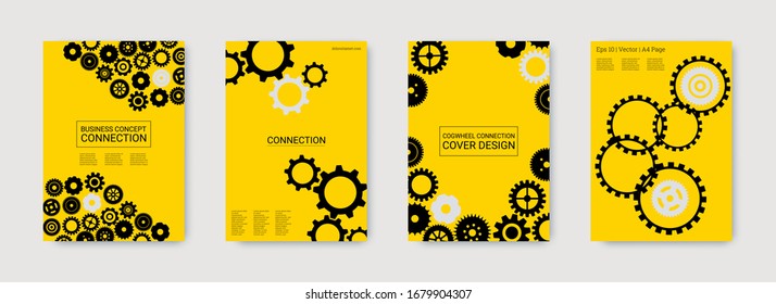 Antecedentes en ingeniería industrial. Engranajes negros en oro. Conjunto plano mínimo de vectores. Plantilla gráfica. Folleto de engranajes coloridos sobre ruedas y ruedas. Diseño de antecedentes en ingeniería industrial.