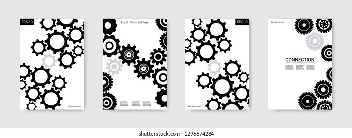 Industrial engineering background. Black, grey cogs on white background. Wheels and cogs colorful gear placard. Vector minimal flat set. Graphic template. Industrial engineering background design.