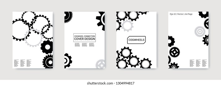 Industrial engineering background. Black, grey cogs on white background. Vector minimal flat set. Graphic template. Wheels and cogs colorful gear layout. Industrial engineering background design.