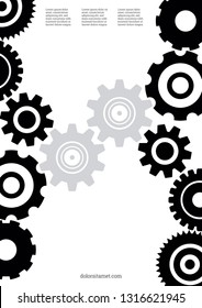 Industrial engineering background. Black, grey cogs on white background. Vector minimal flat page. Graphic template. Wheels and cogs colorful gear brochure. Industrial engineering background design.
