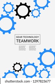 Industrial engineering background. Blue and black on white background. Wheels and cogs colorful gear card. Vector minimal flat page. Graphic template. Industrial engineering background design.