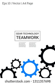 Industrial engineering background. Blue and black on white background. Vector minimal flat page. Graphic template. Wheels and cogs colorful gear flyer. Industrial engineering background design.