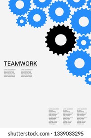 Industrial engineering background. Blue and black on white background. Wheels and cogs colorful gear print. Vector minimal flat page. Graphic template. Industrial engineering background design.