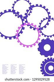 Industrial engineering background. Blue and purple mechanic design. Wheels and cogs colorful gear journal. Vector minimal flat page. Graphic template. Industrial engineering background design.